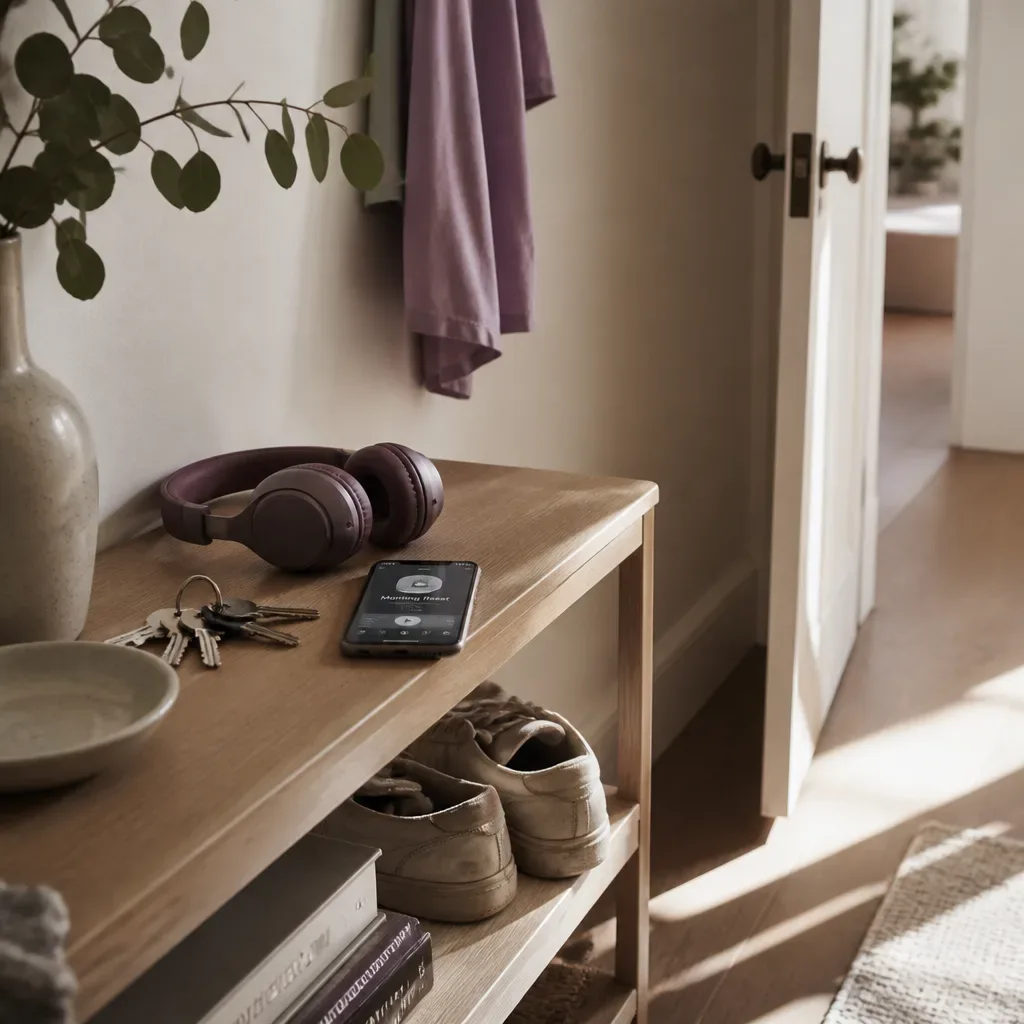 Headphones and shoes ready beside the door