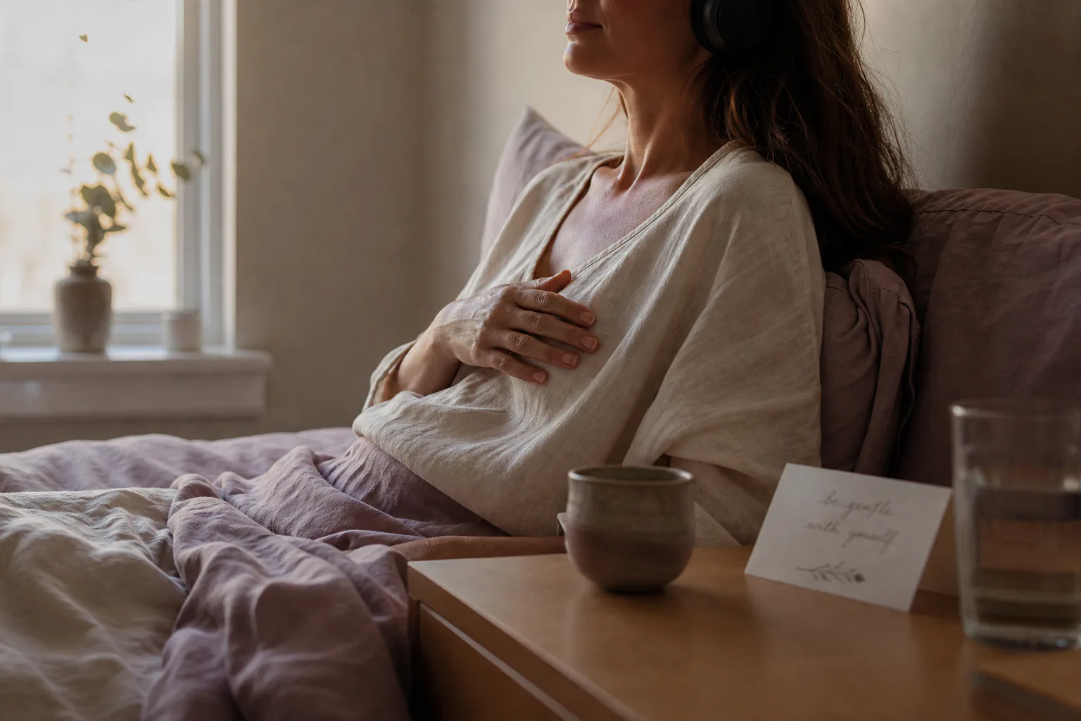 Woman resting with headphones beside a ceramic cup