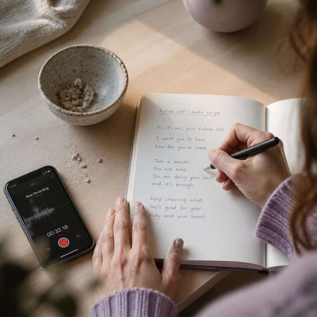 Hands writing a future-self audio script