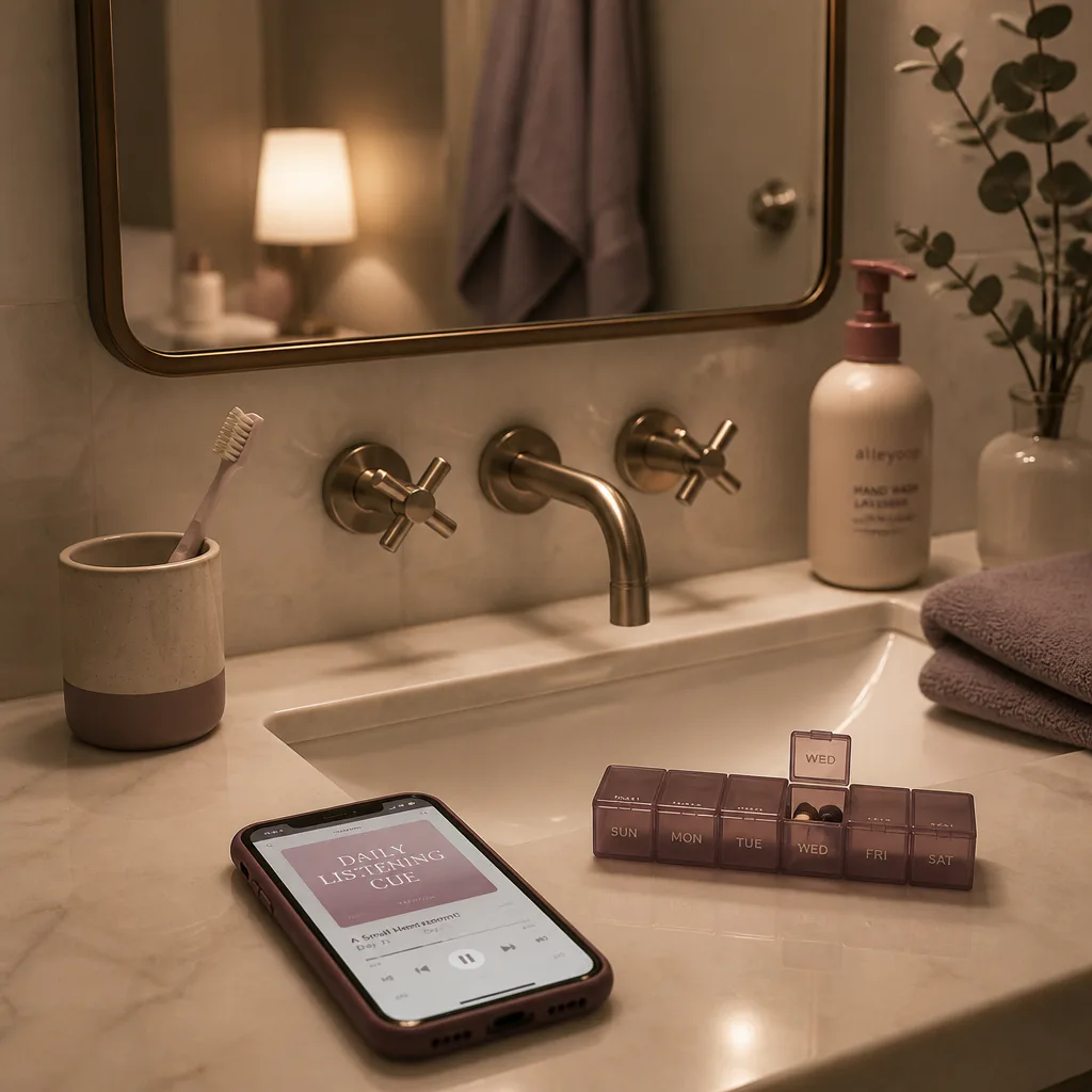 Phone playing audio beside nightly care items