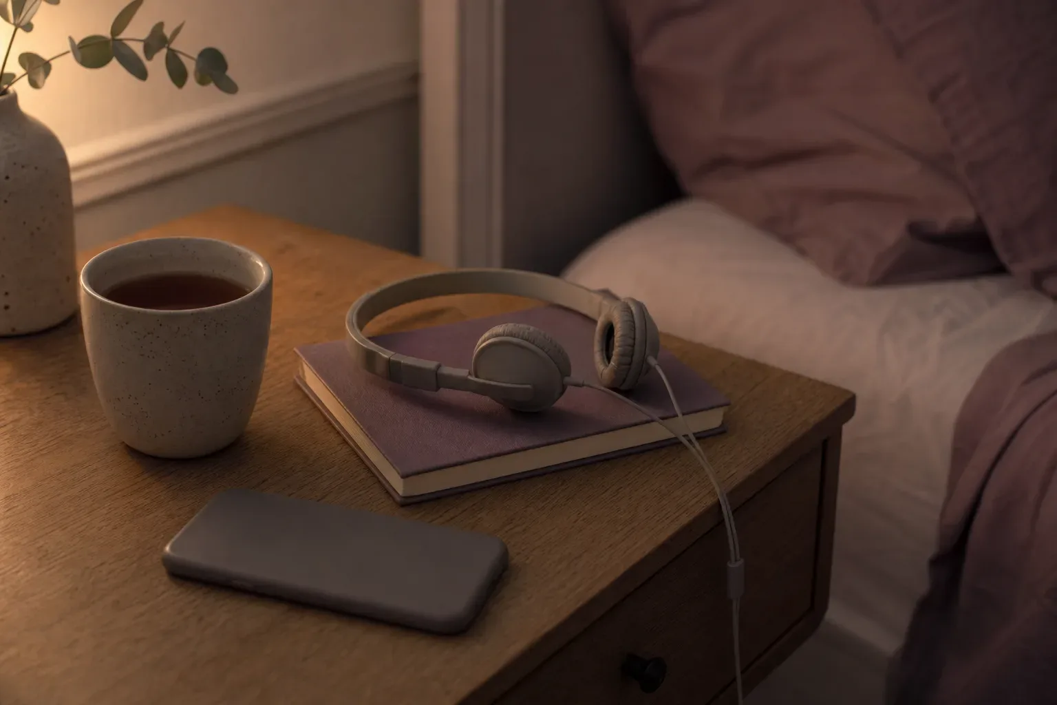 Soft bedside headphones beside a dim cup of tea