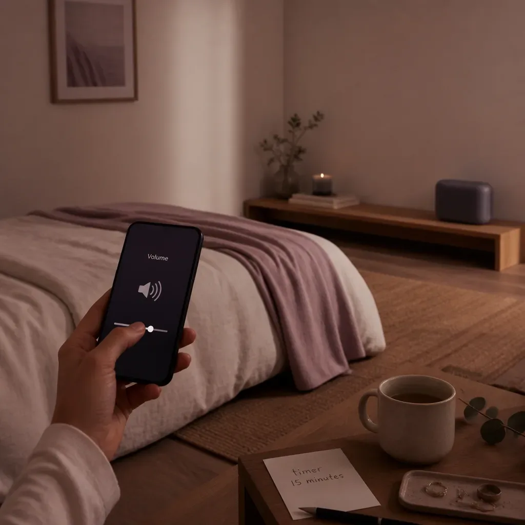 Hand lowering bedtime audio volume on a phone