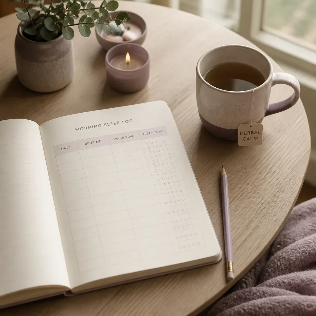 Morning sleep log beside herbal tea