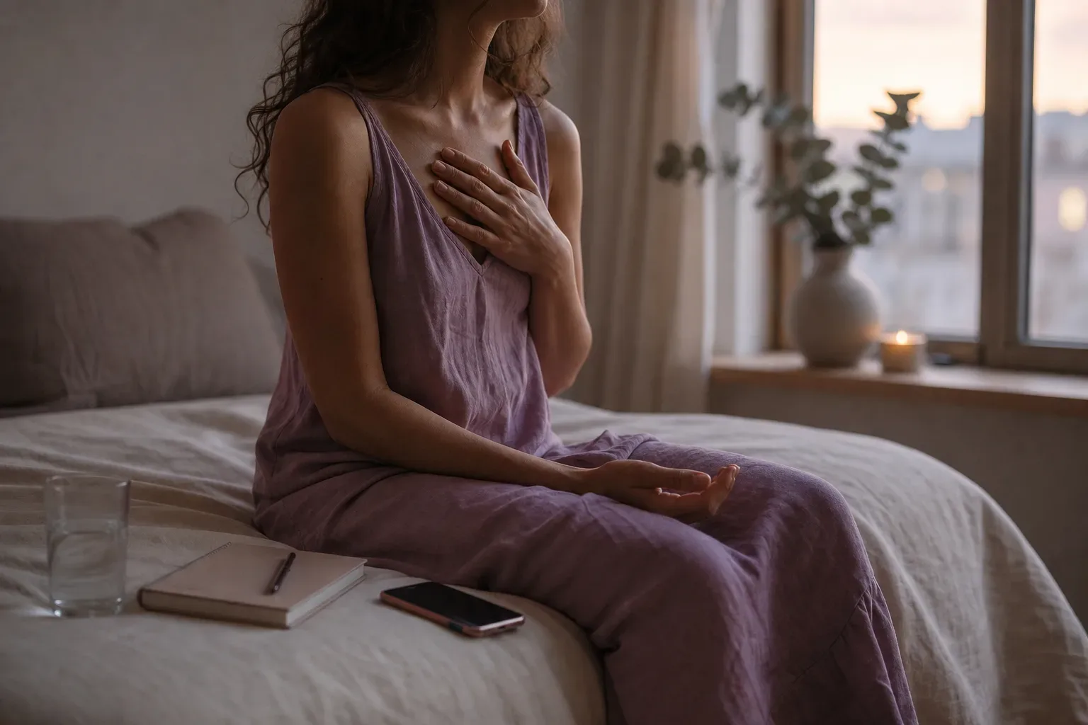 Woman listening quietly with hand resting on chest