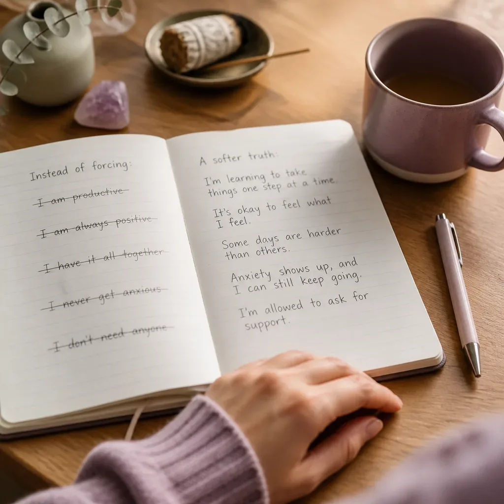 Notebook with softer affirmations rewritten by hand