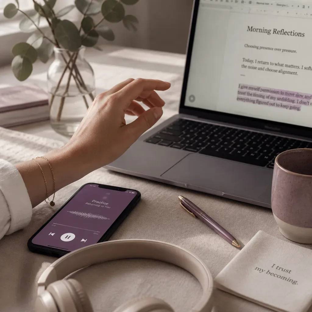 Phone audio practice beside an open work document