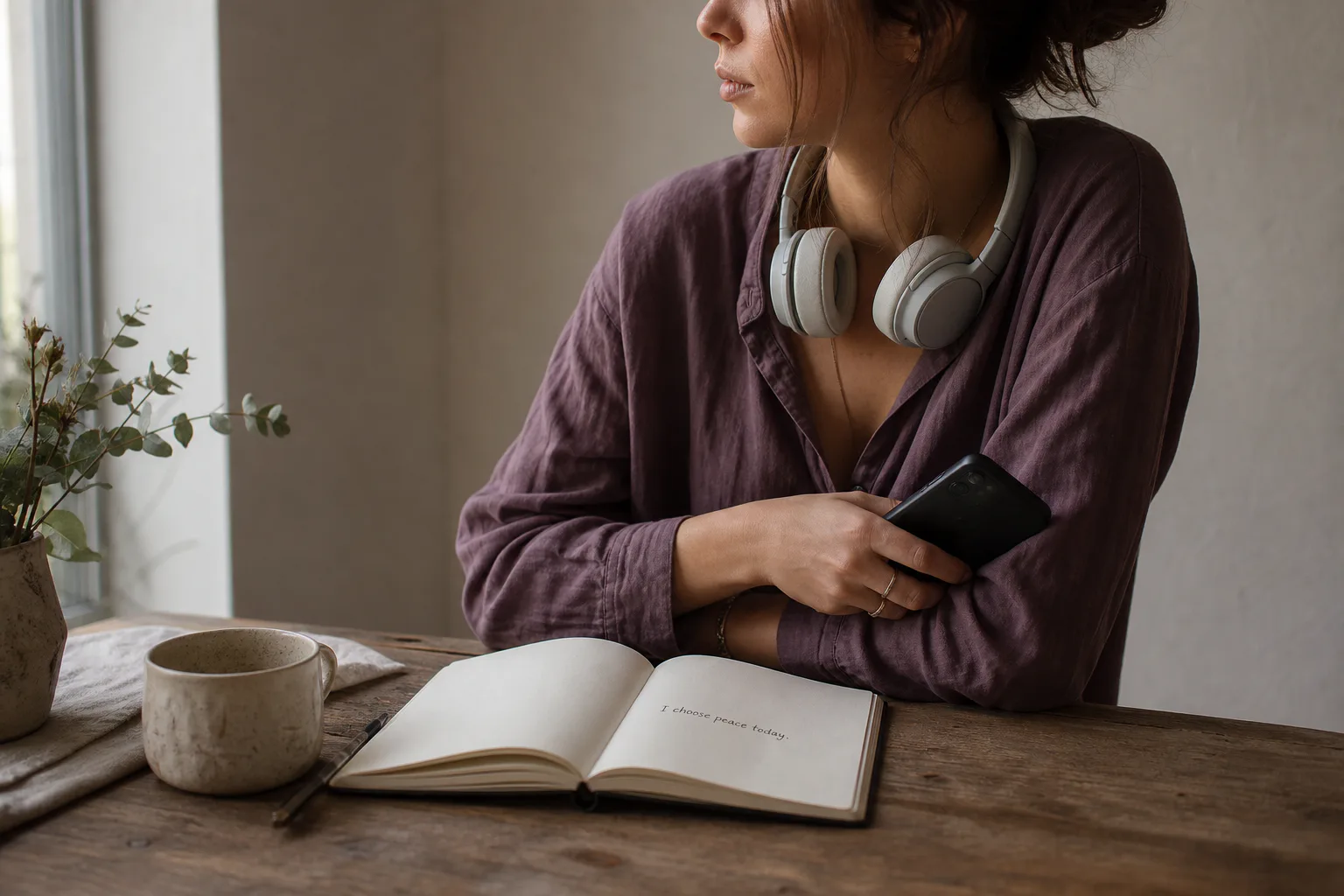 Woman listening quietly beside a morning window