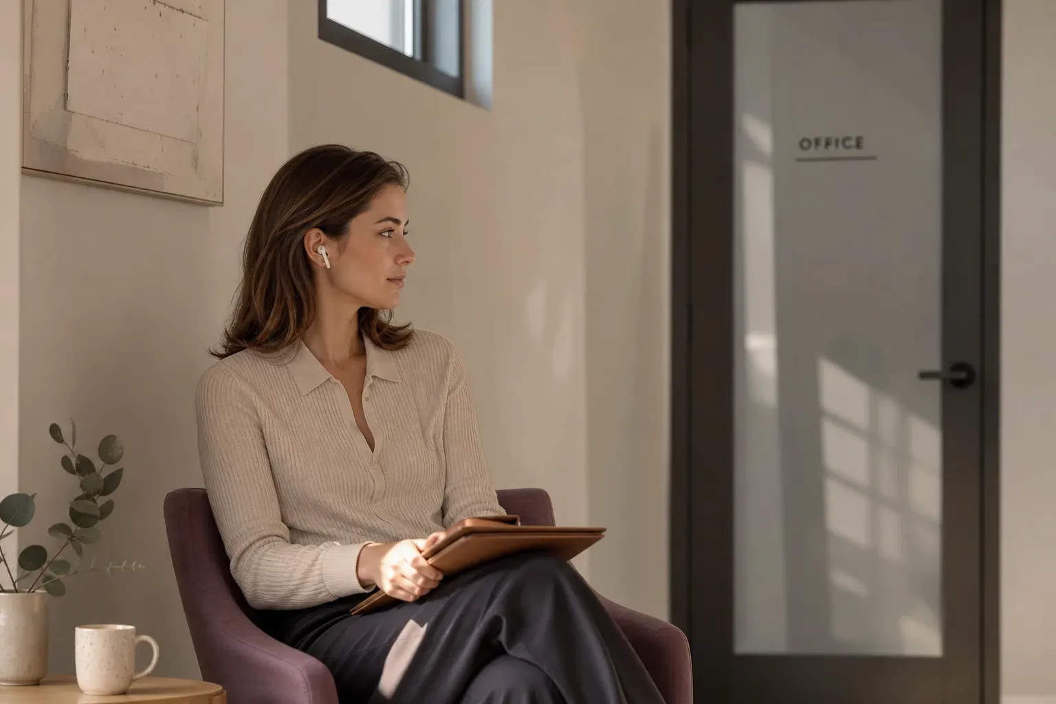 Woman sitting calmly before a job interview