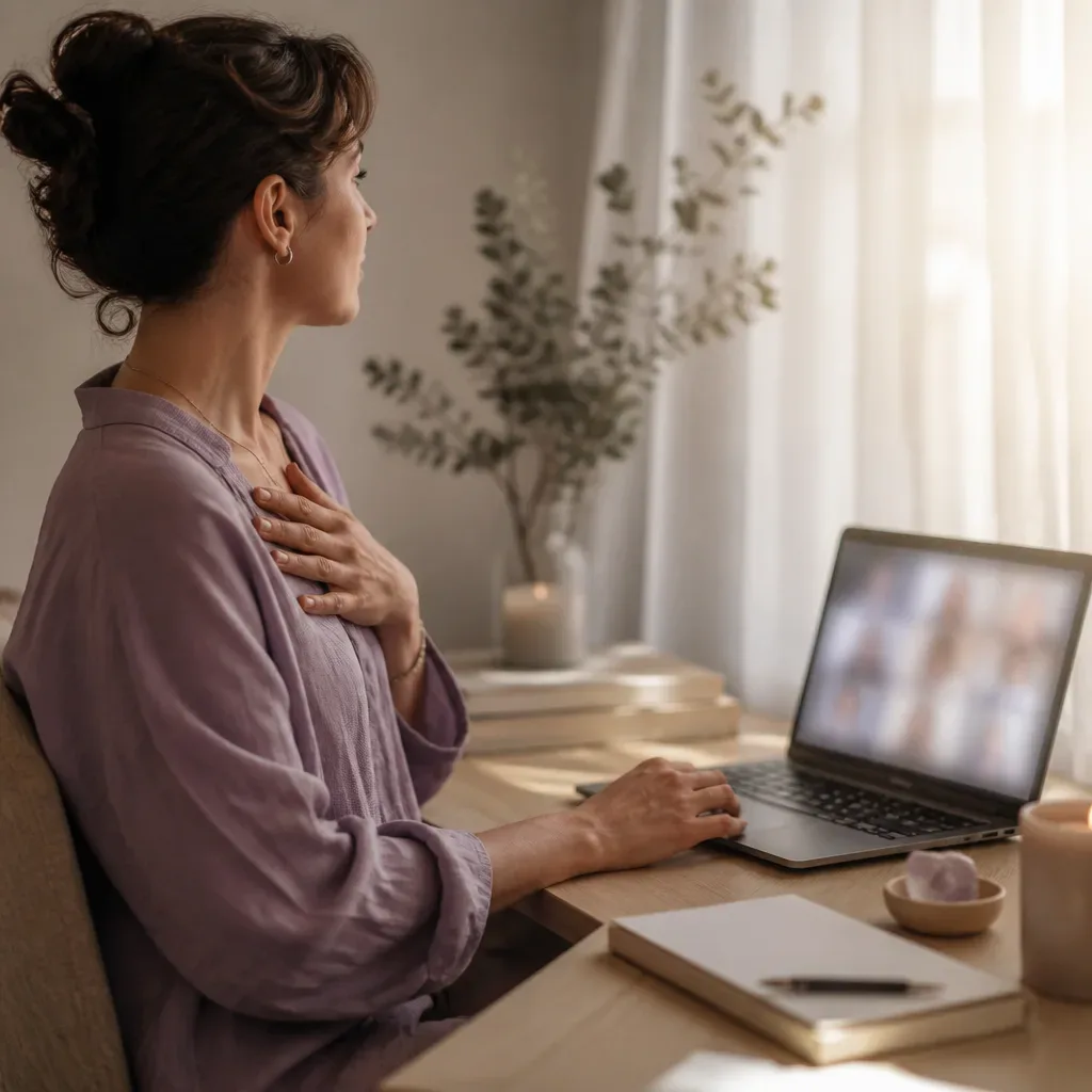 Person pausing calmly before video interview