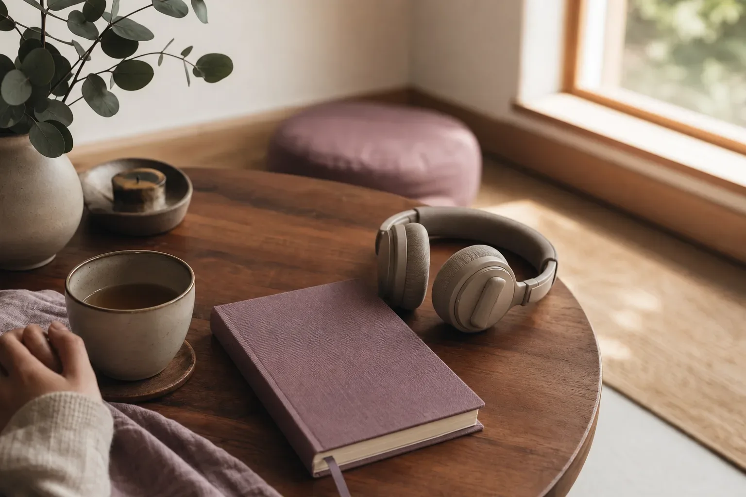 Quiet table with headphones and an open notebook