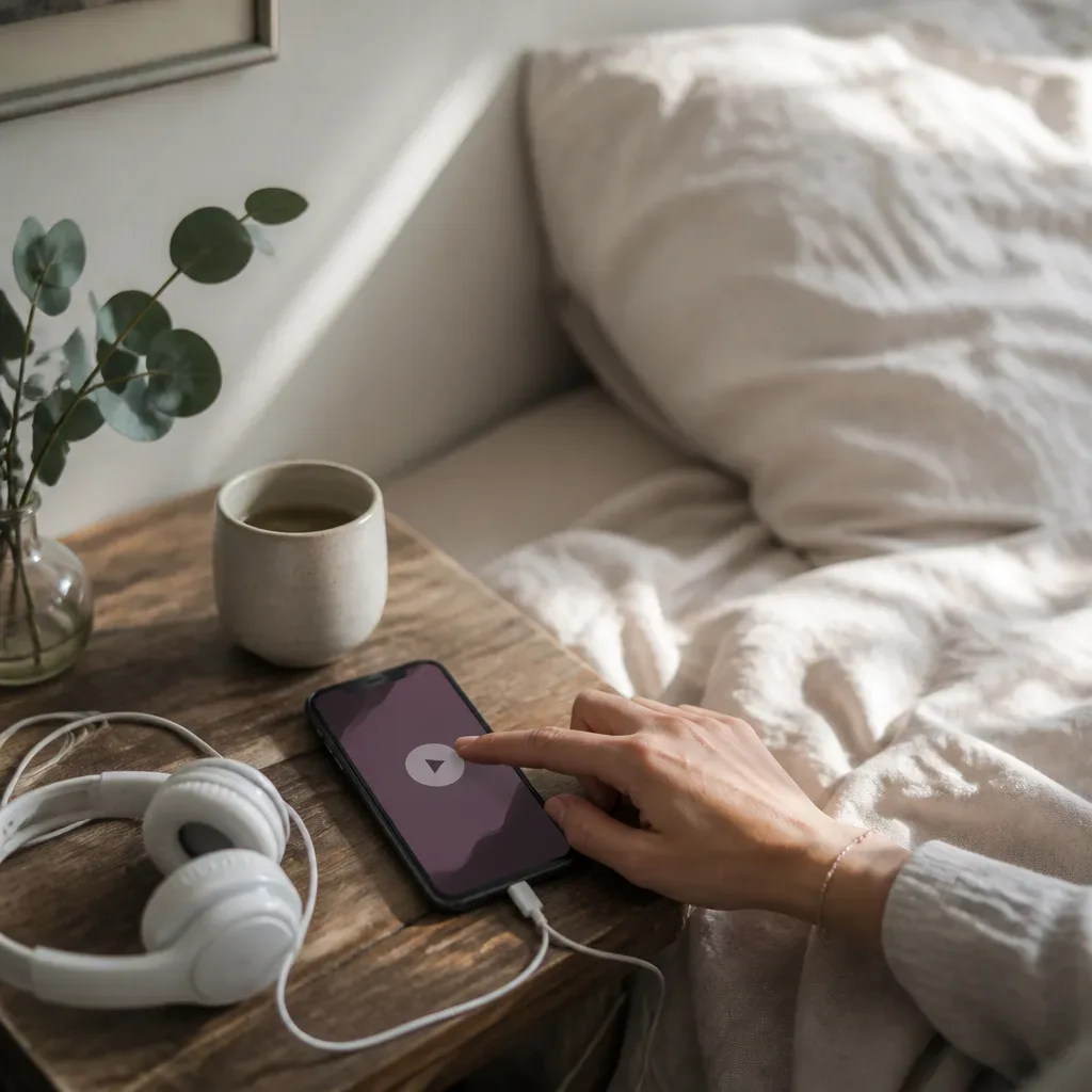 Hand pressing play beside an unmade bed