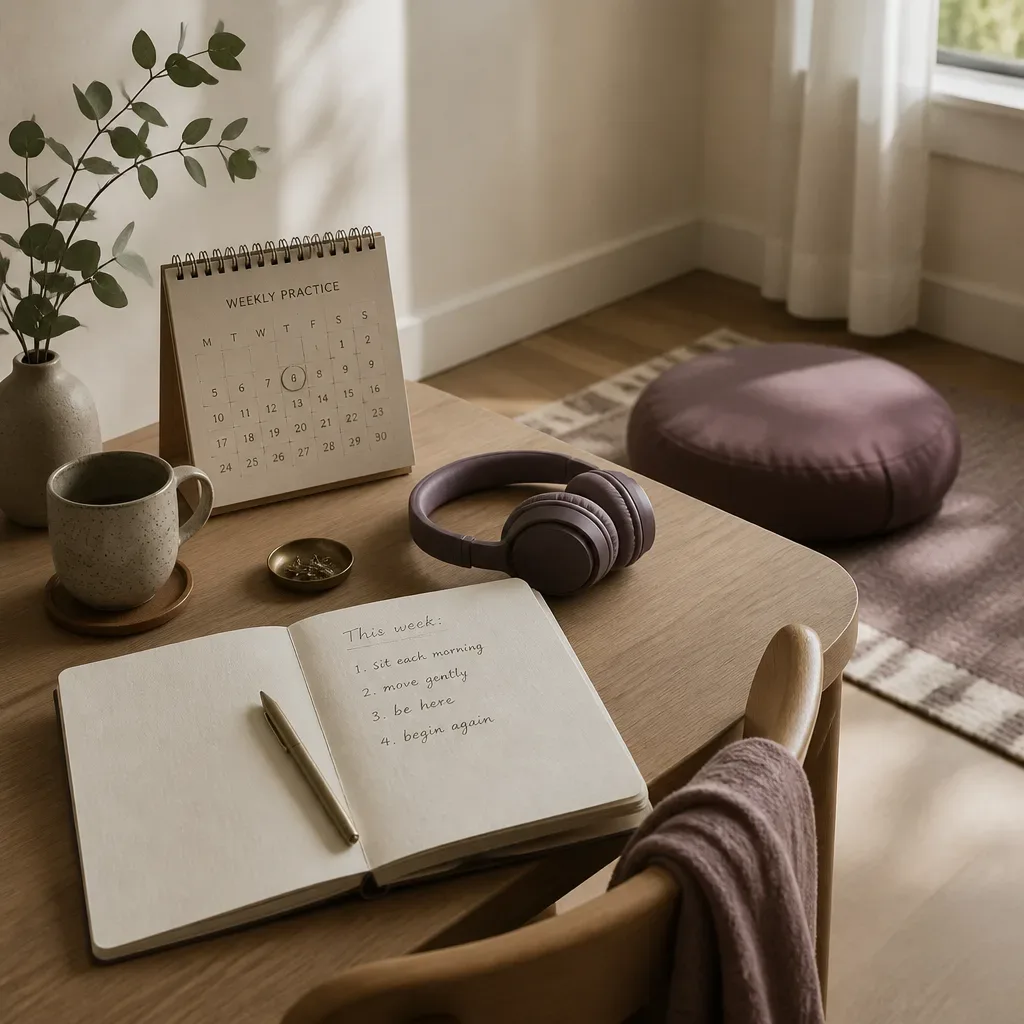 Calendar, headphones, and notebook on a quiet desk