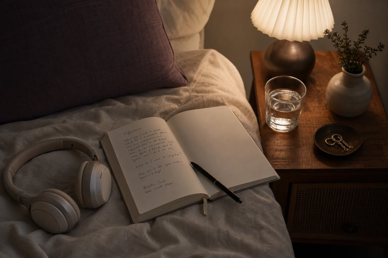 Notebook and headphones resting beside a dim bedside lamp