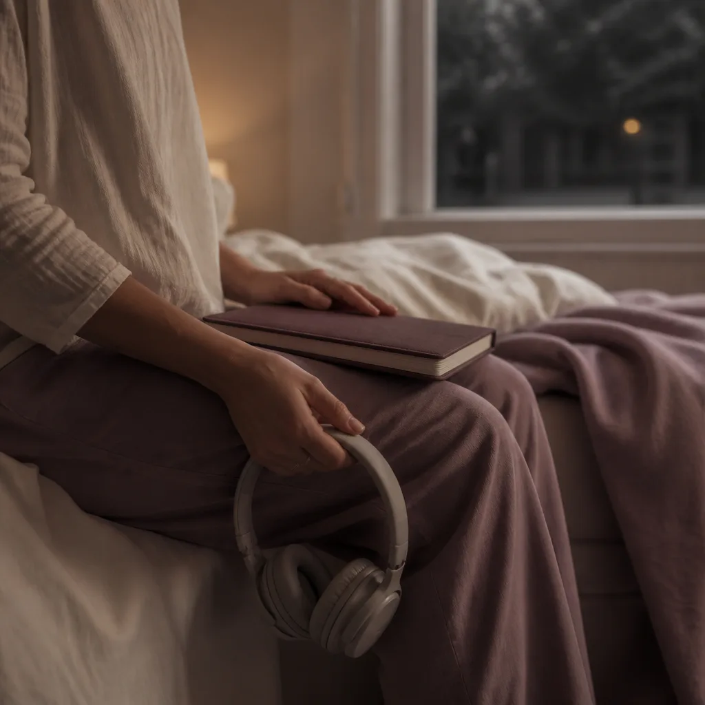 Person choosing between journal and headphones at bedtime