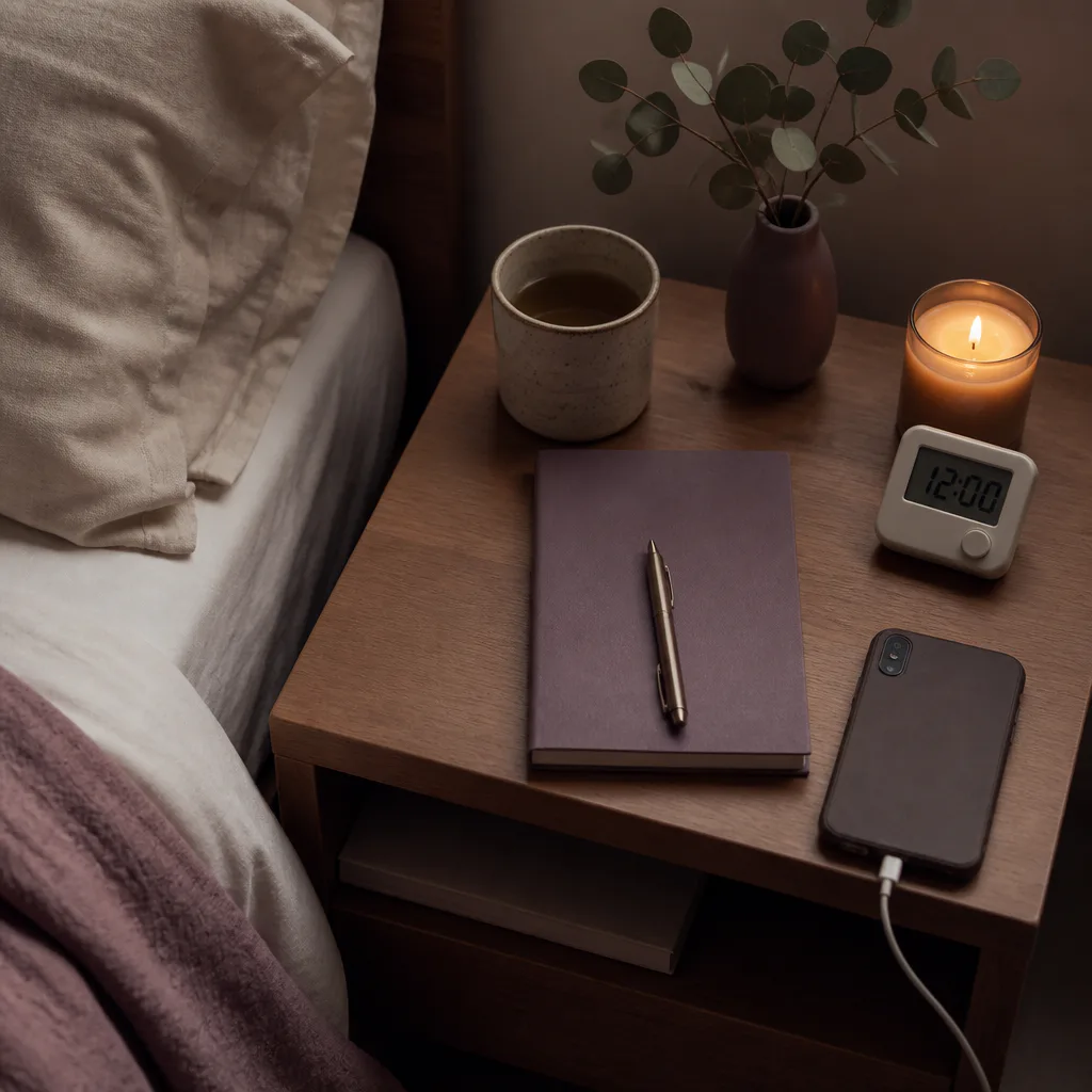 Closed journal and headphones after a short bedtime ritual