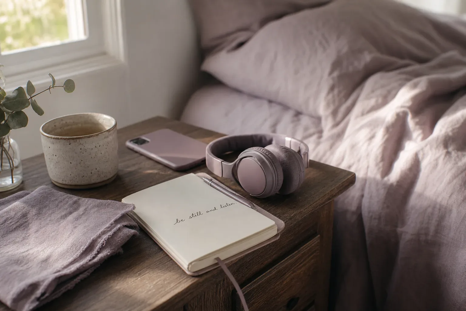 Quiet bedside table with headphones and morning light