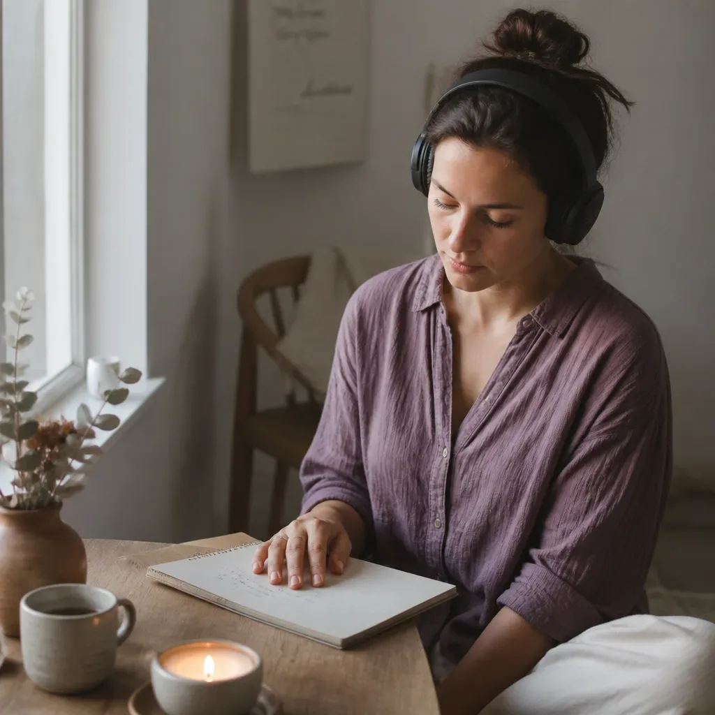 Person listening with notebook beside a quiet window
