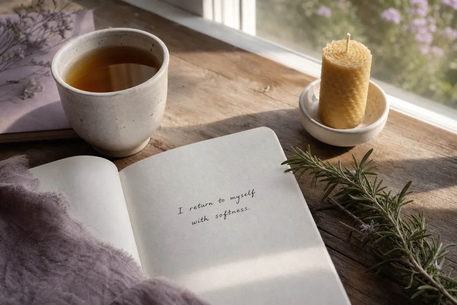 Sunlit tea table with notebook and candle