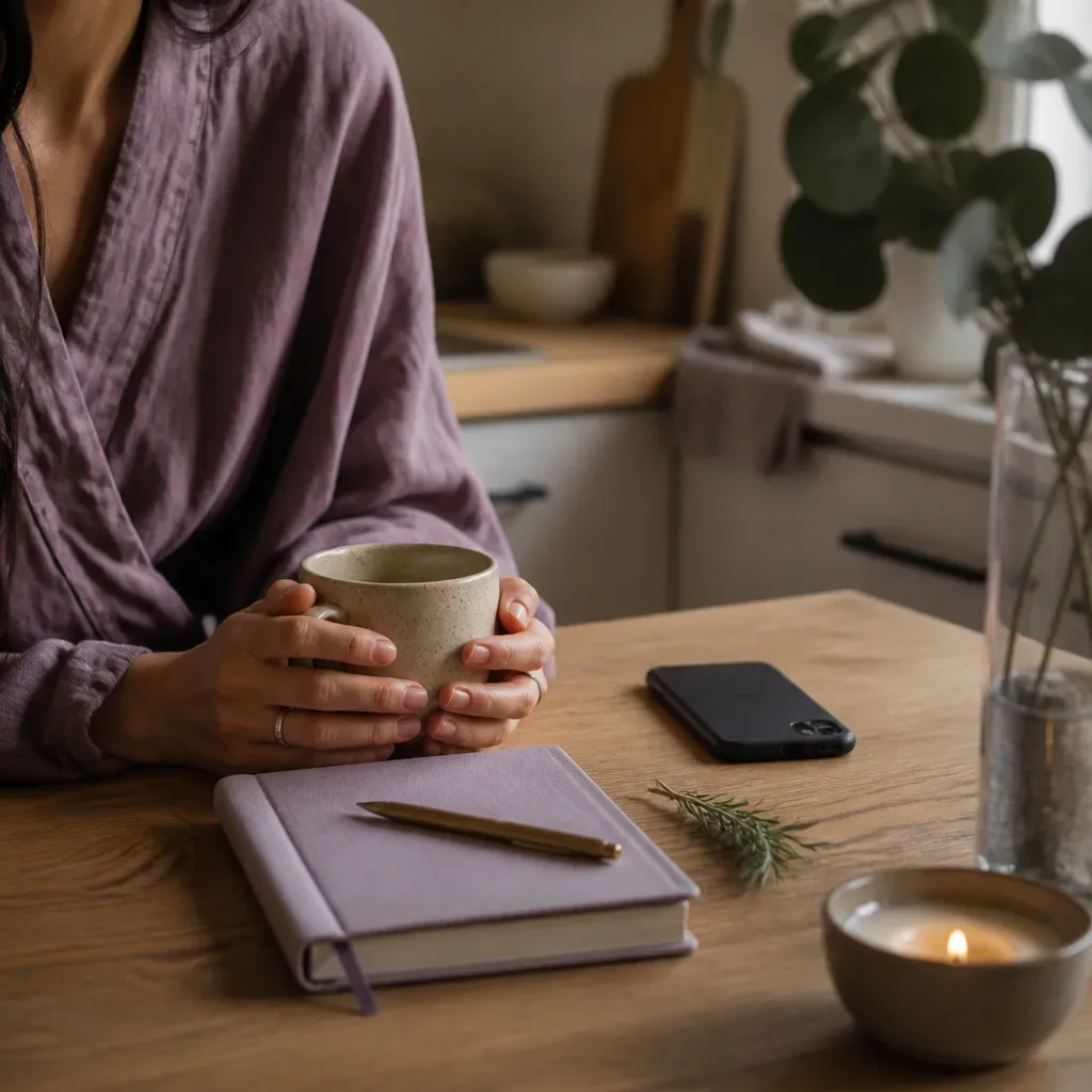 Hands pause beside tea and blank notebook