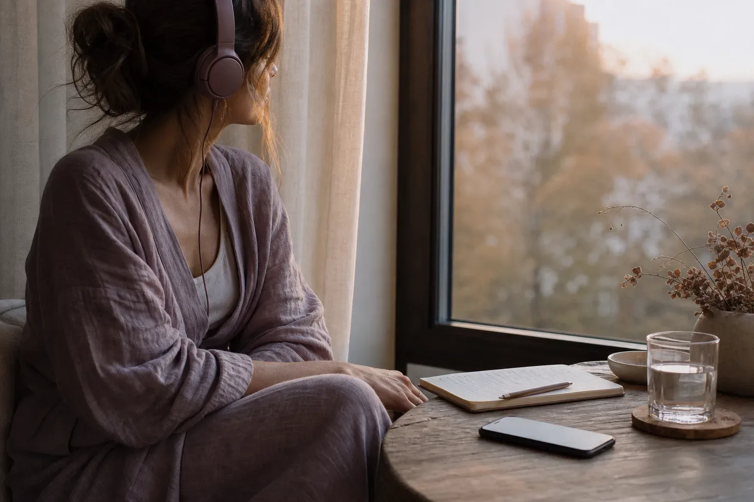 Woman listening by a window in Libra season light