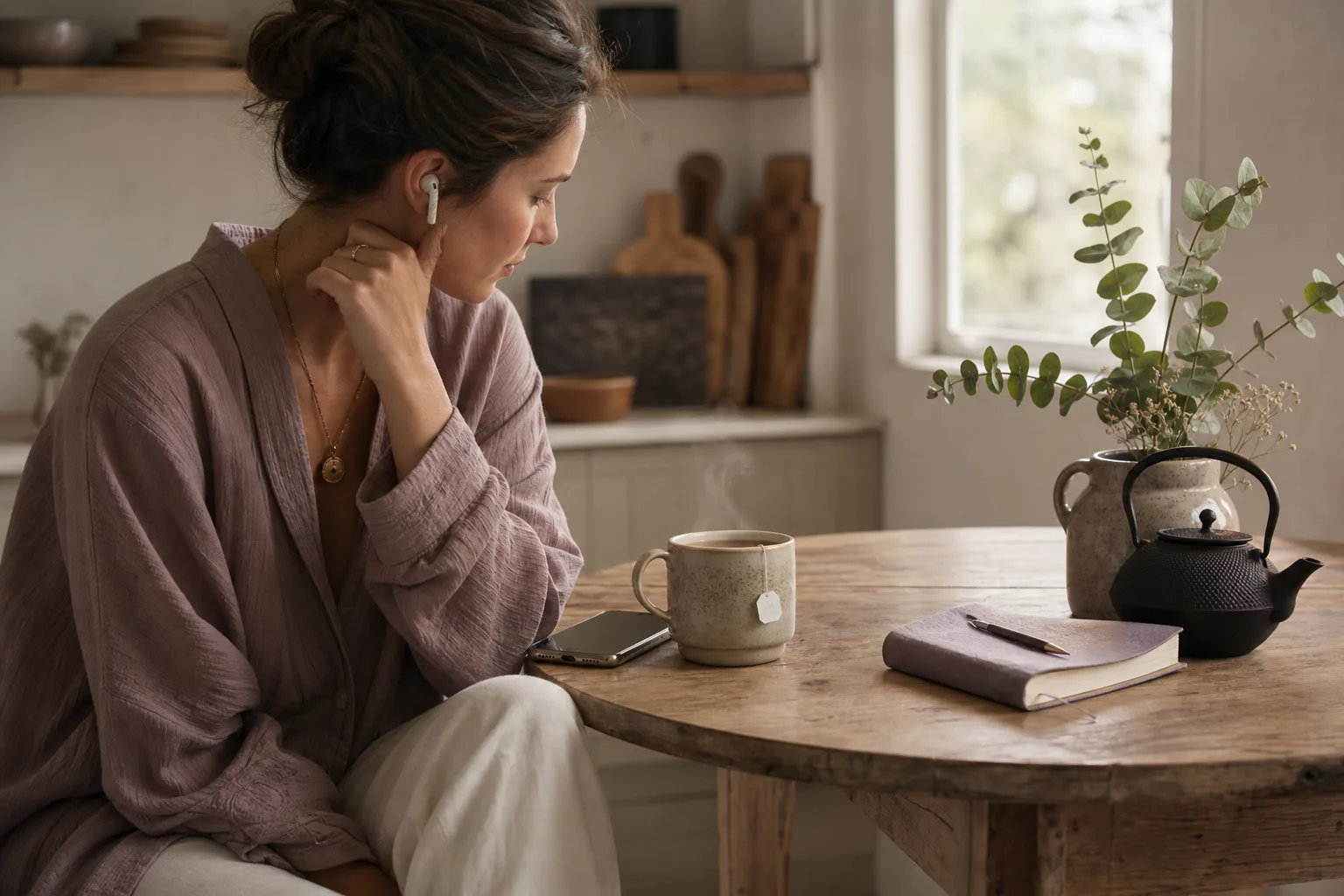 Woman listening quietly beside a morning kettle