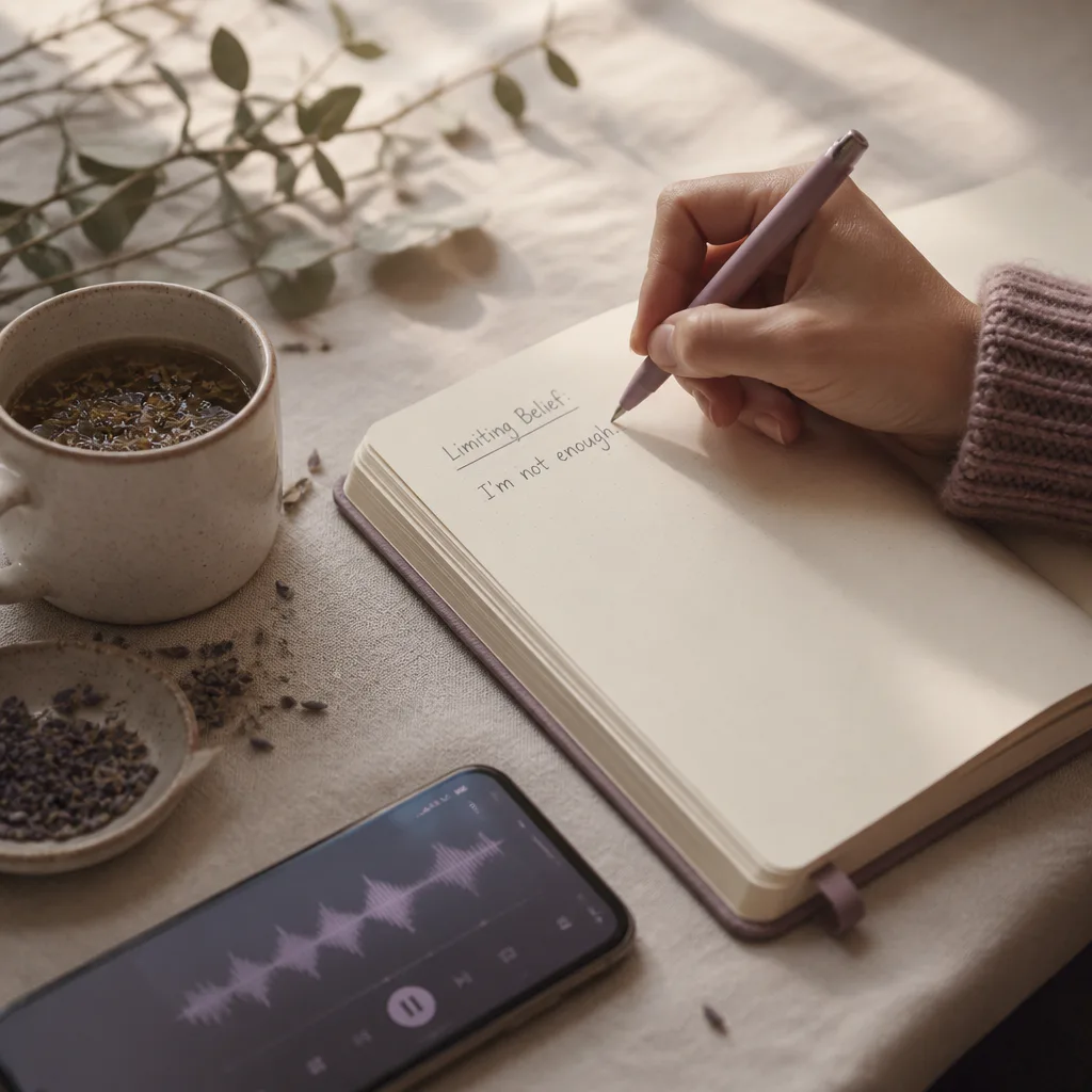 Hand writing belief beside future-self audio