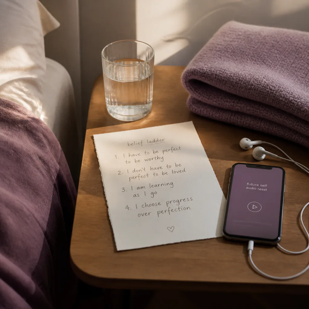 Belief ladder beside phone and tea