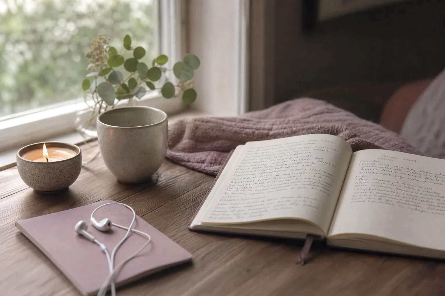 Morning light on journal, candle, and quiet phone