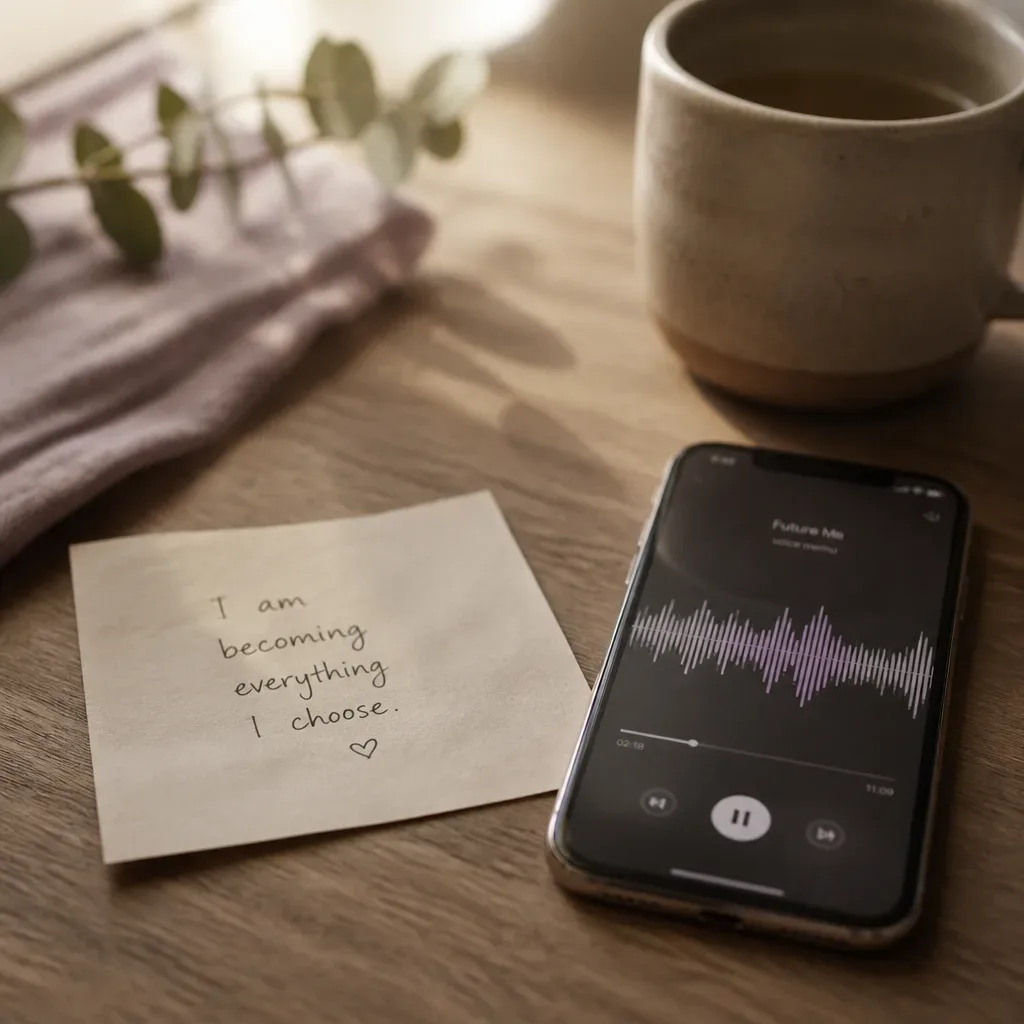 Handwritten affirmation beside phone audio waveform