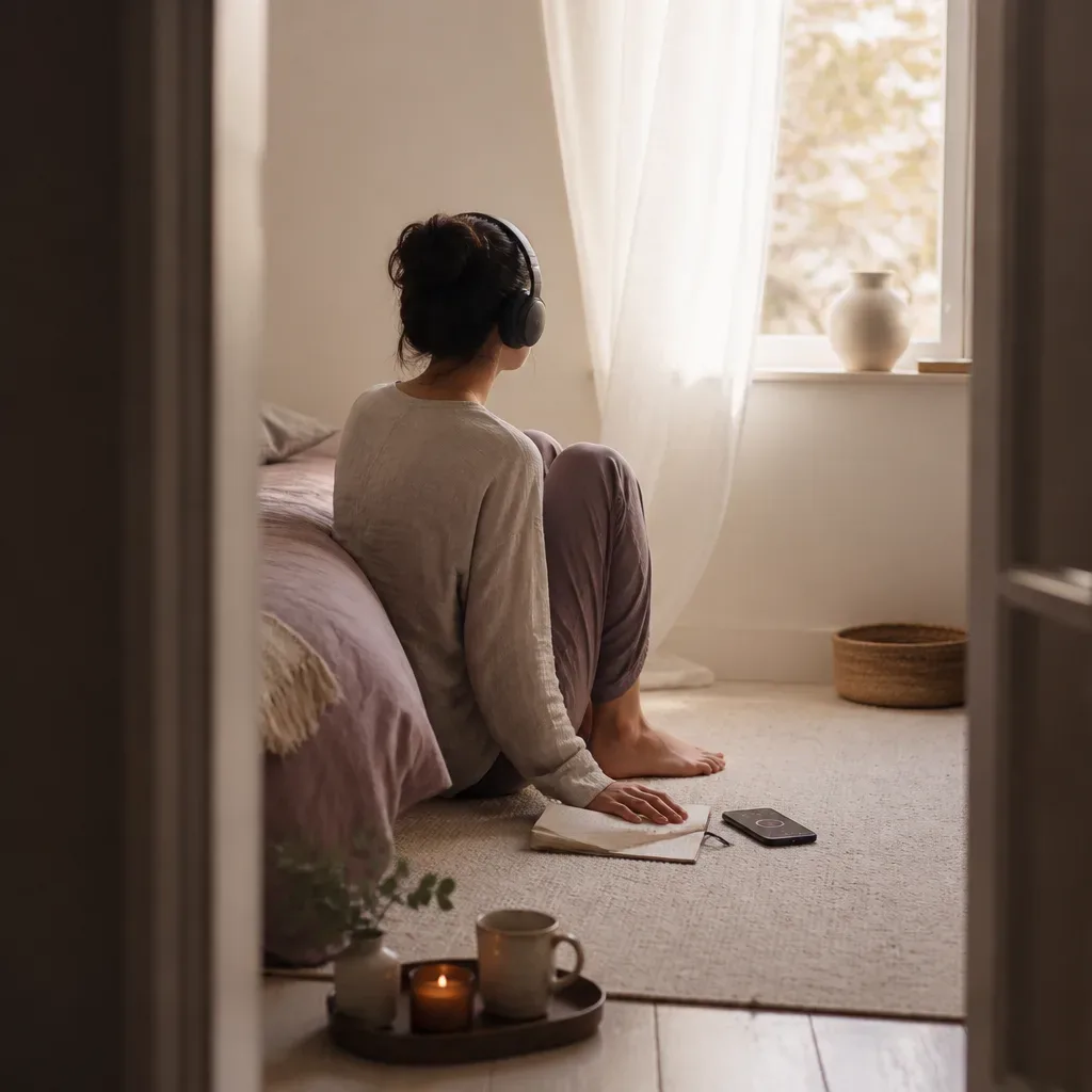 Person listening quietly beside bed with notebook