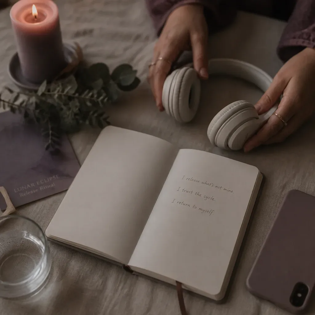 Hands setting headphones beside a lunar eclipse journal
