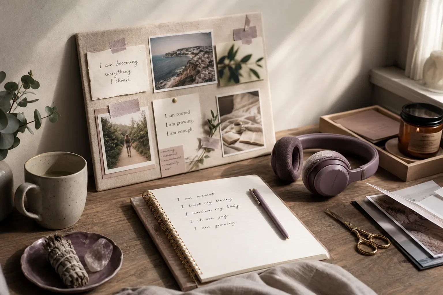 Quiet desk with vision board and headphones