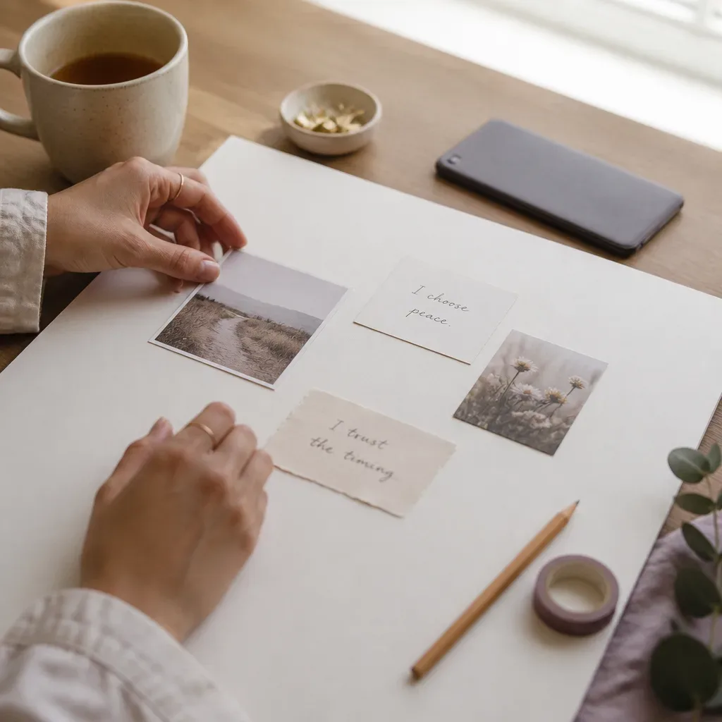 Hands arranging images and phrases on a board