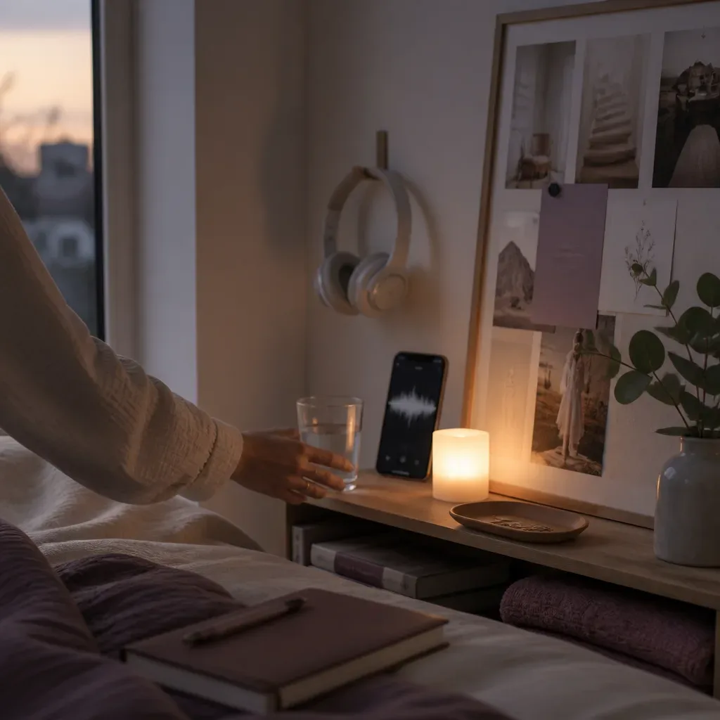 Vision board beside headphones in evening light