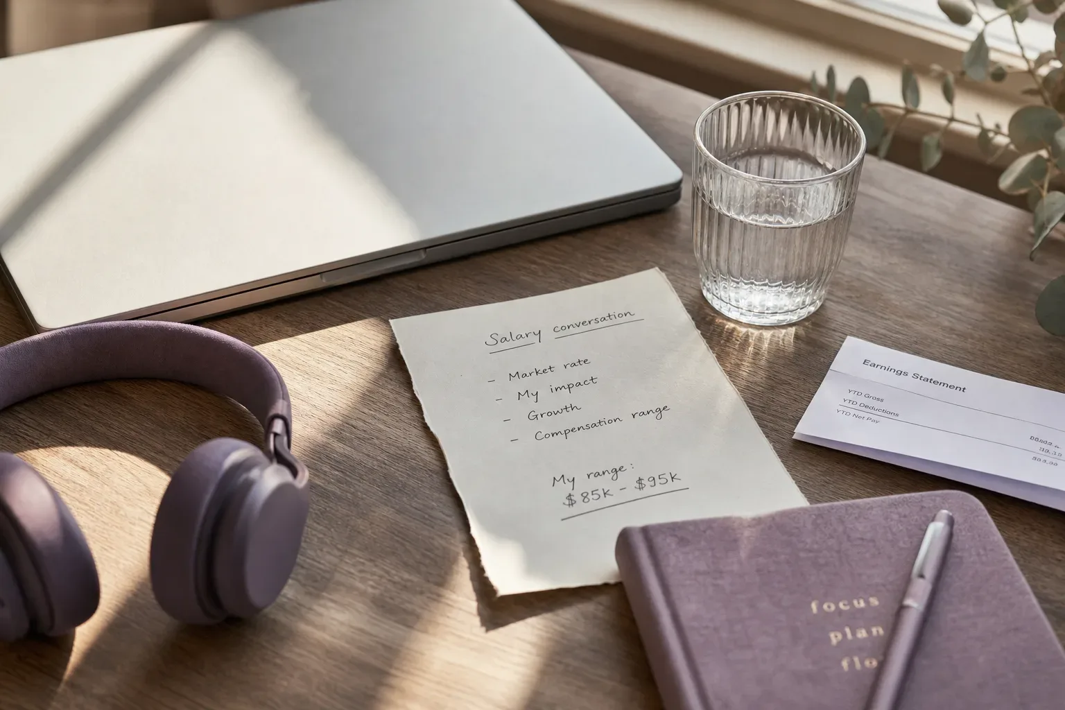Desk with headphones, notebook, and salary notes