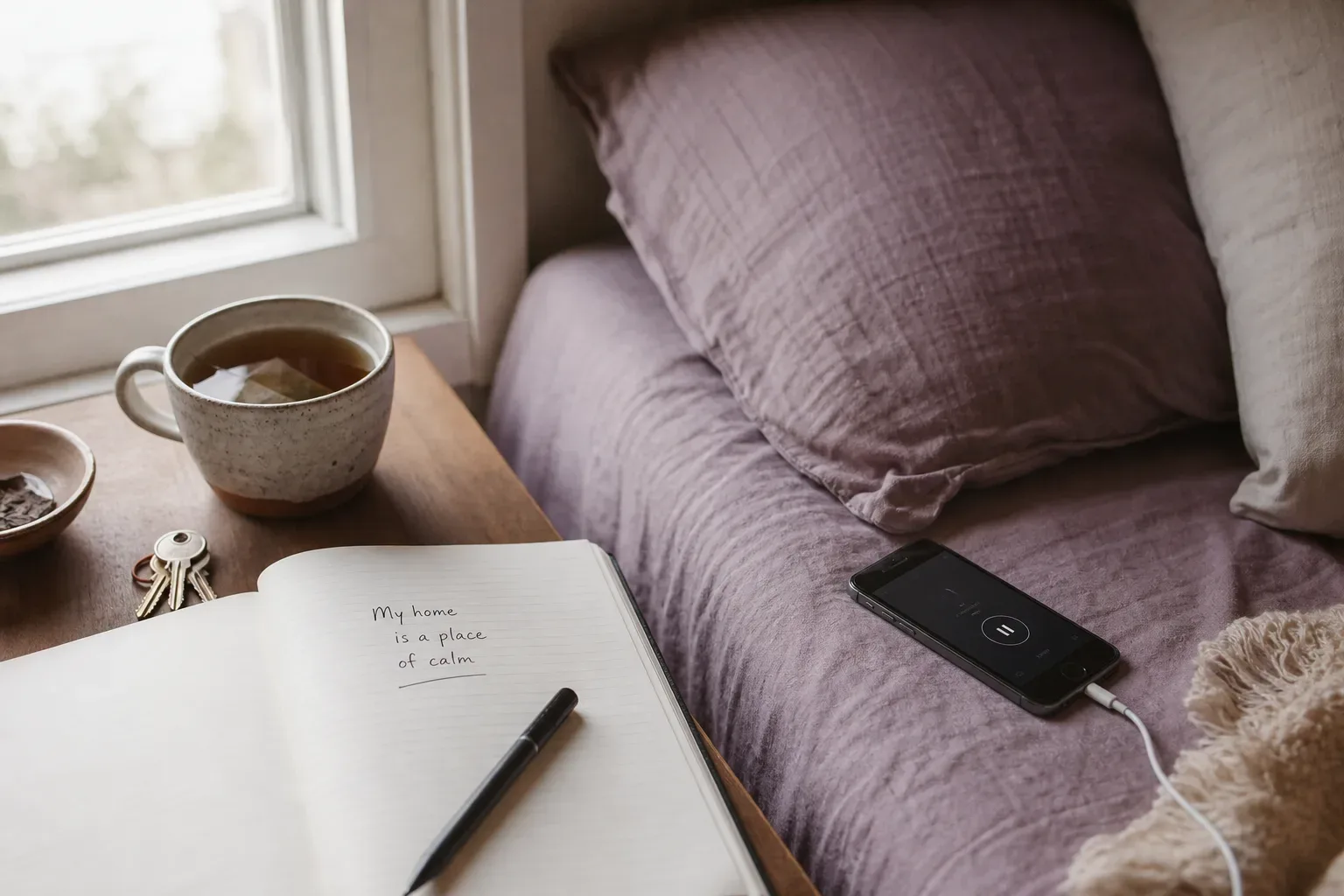 Quiet bedroom window with keys and morning tea