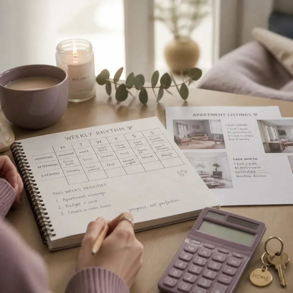 Notebook with home plan listings and keys