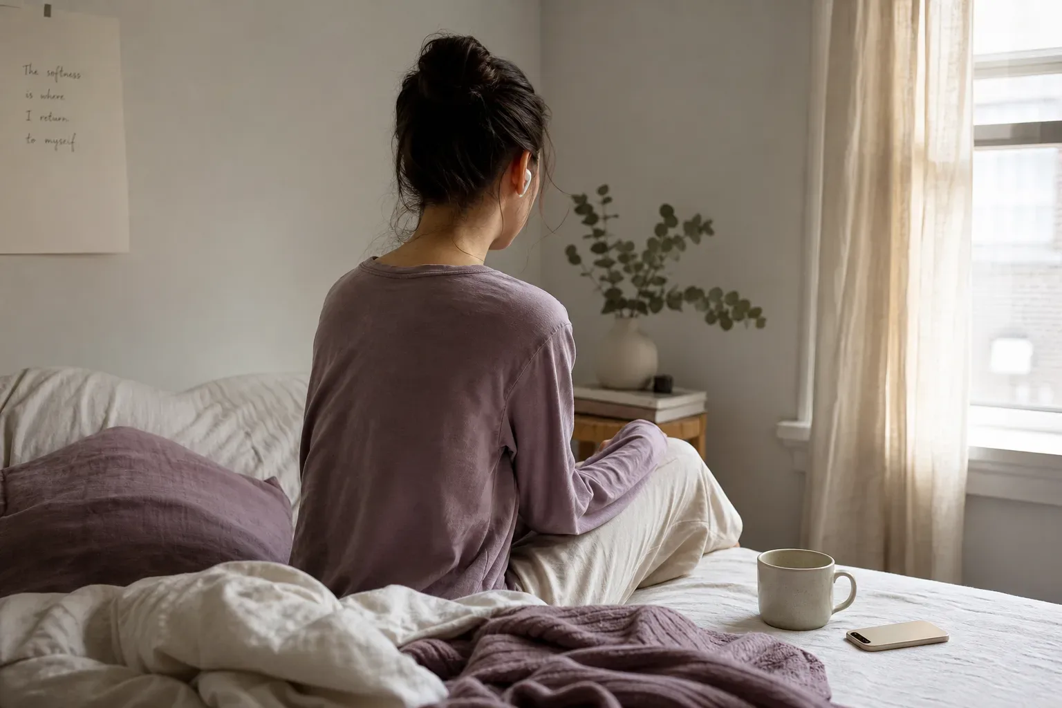 Woman listening softly beside a morning window