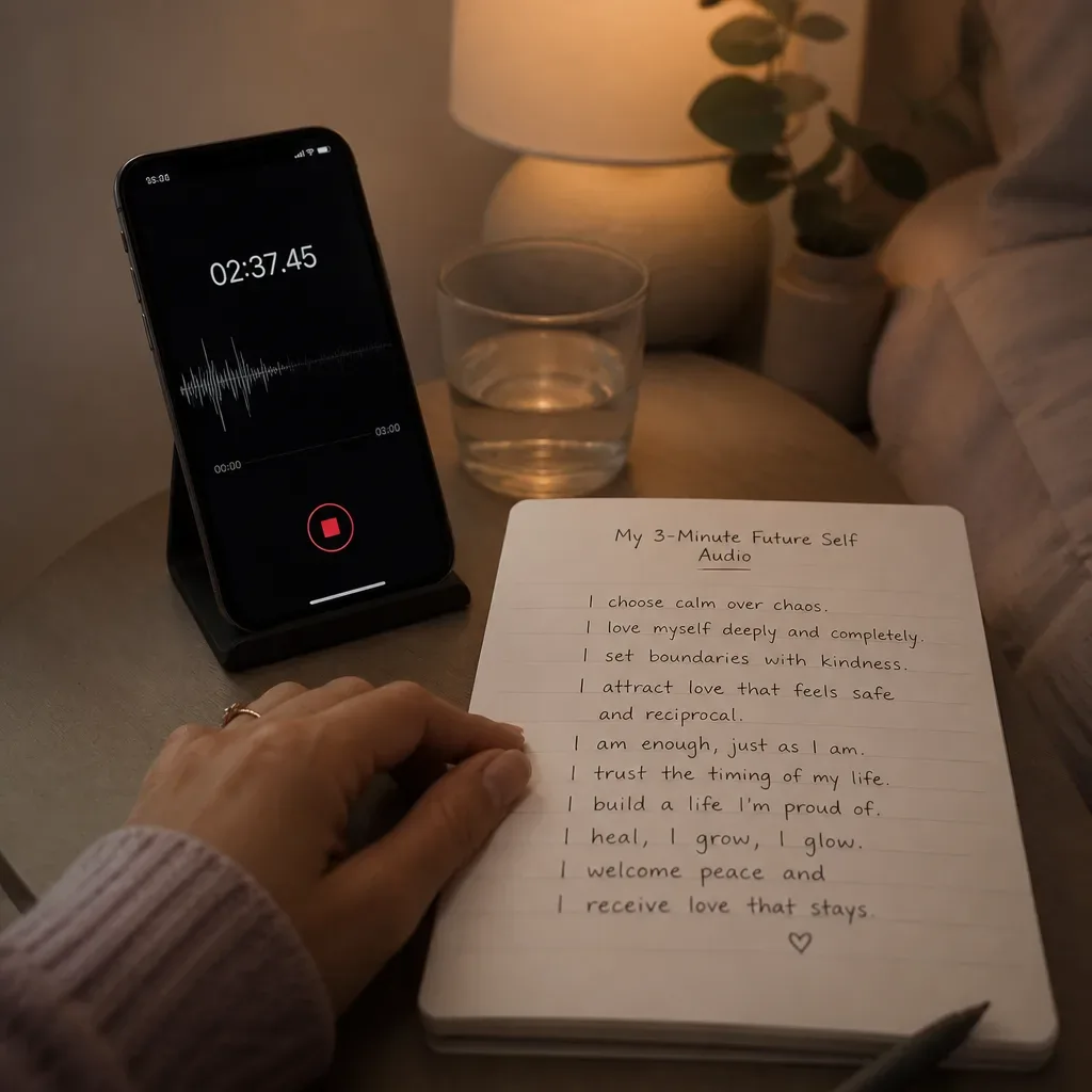 Phone recording beside handwritten future-self love script