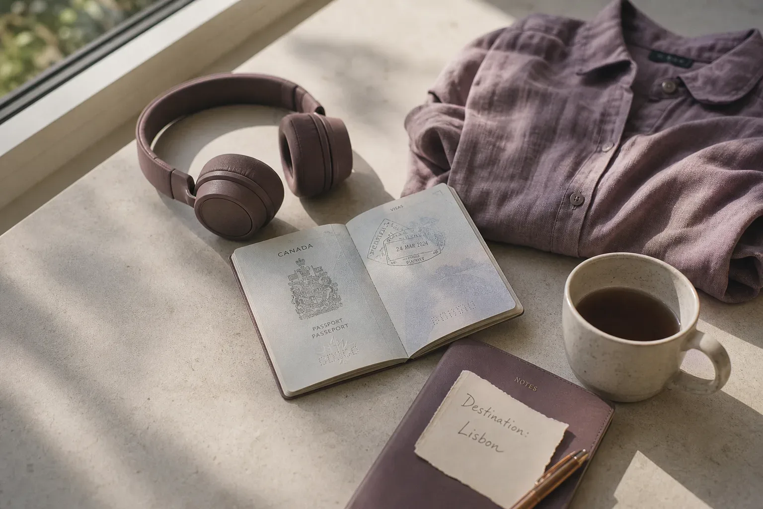 Open suitcase beside headphones and a passport