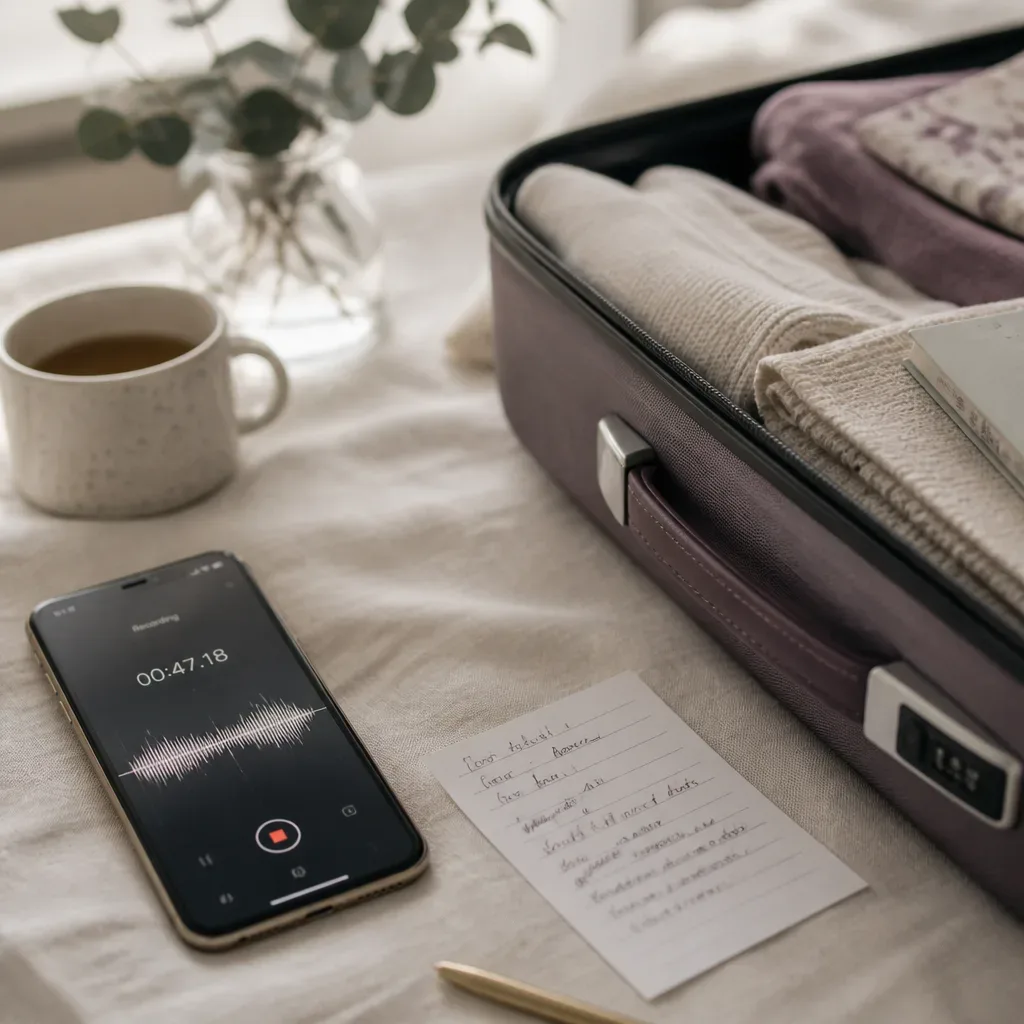 Phone recording beside a half-packed suitcase