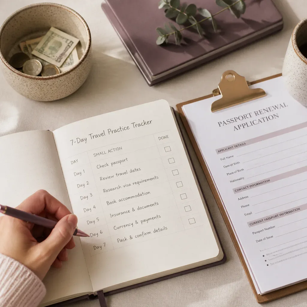 Travel tracker beside passport forms and savings