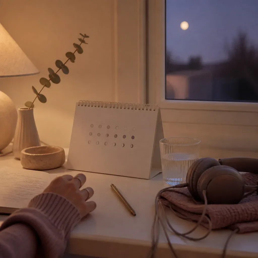 Headphones beside moon calendar on quiet desk