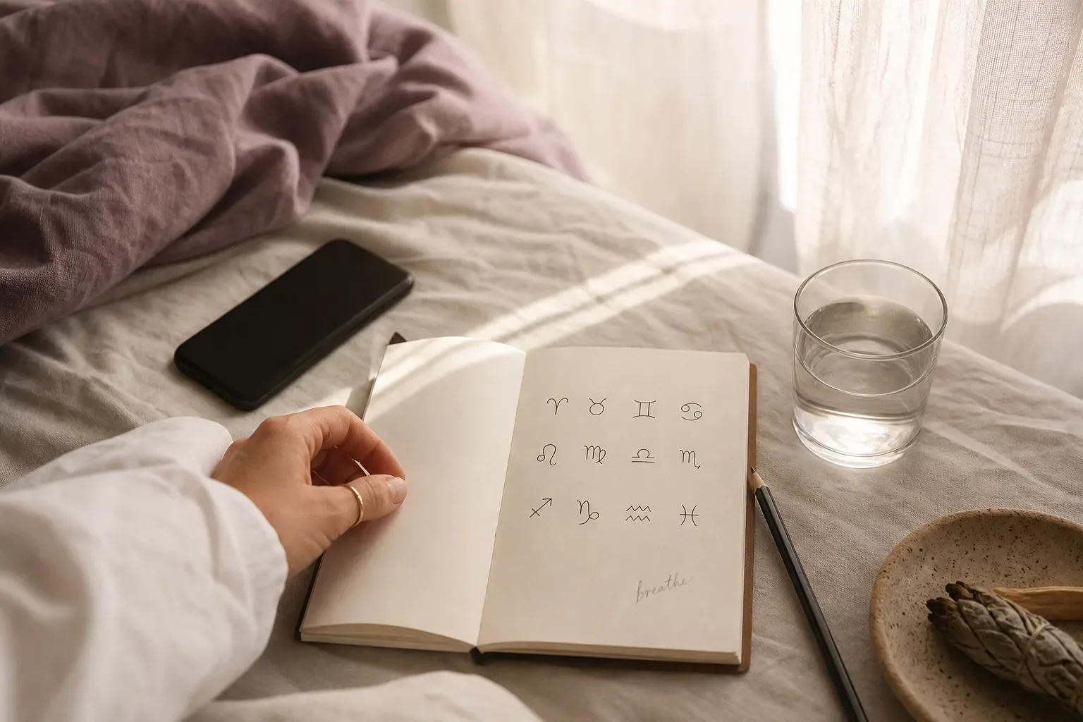 Phone beside zodiac notes in soft morning light
