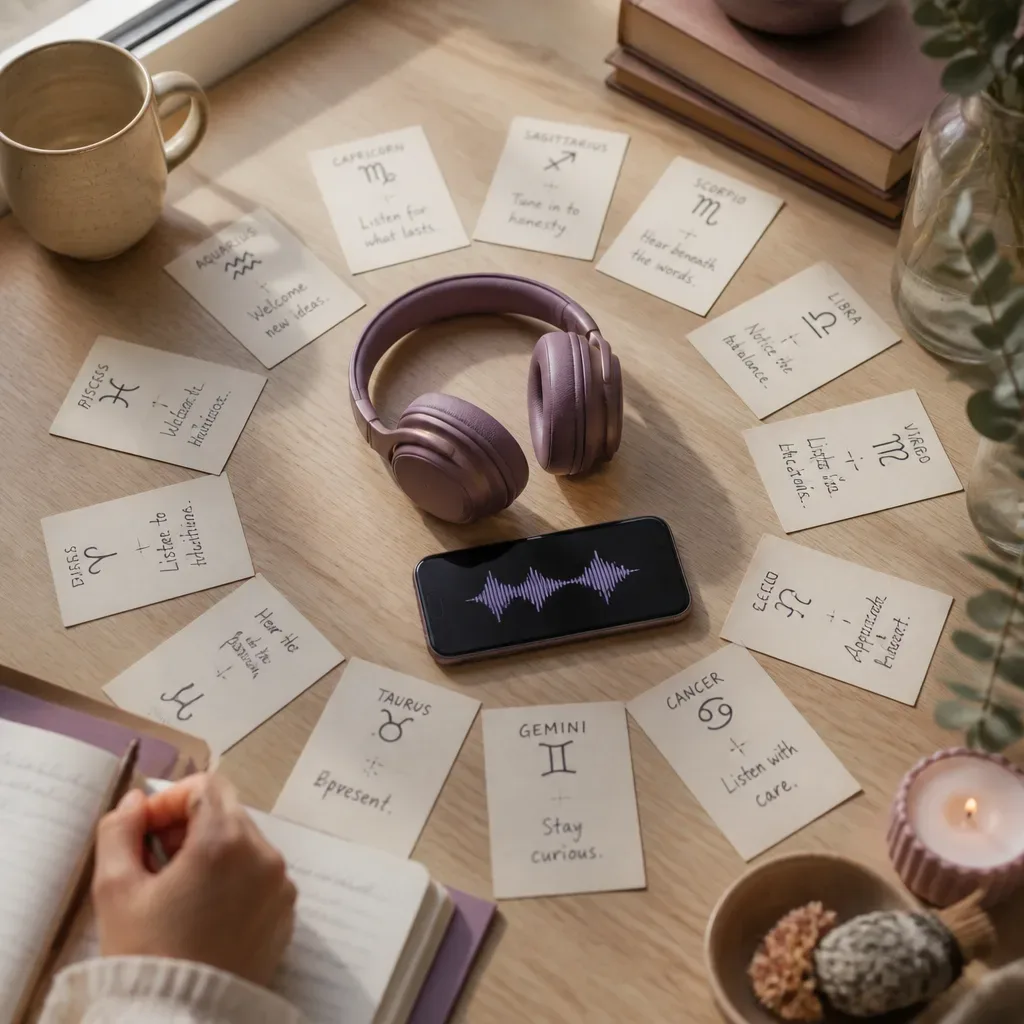 Zodiac cards arranged around headphones and phone