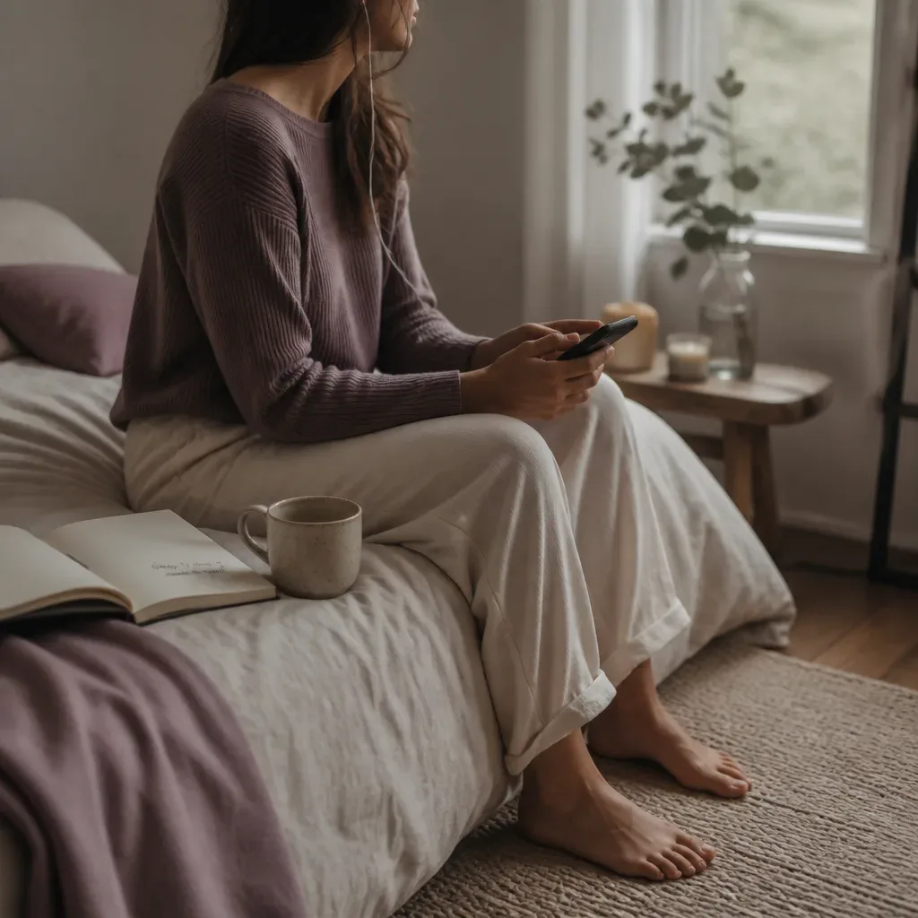 Person listening to audio on edge of bed