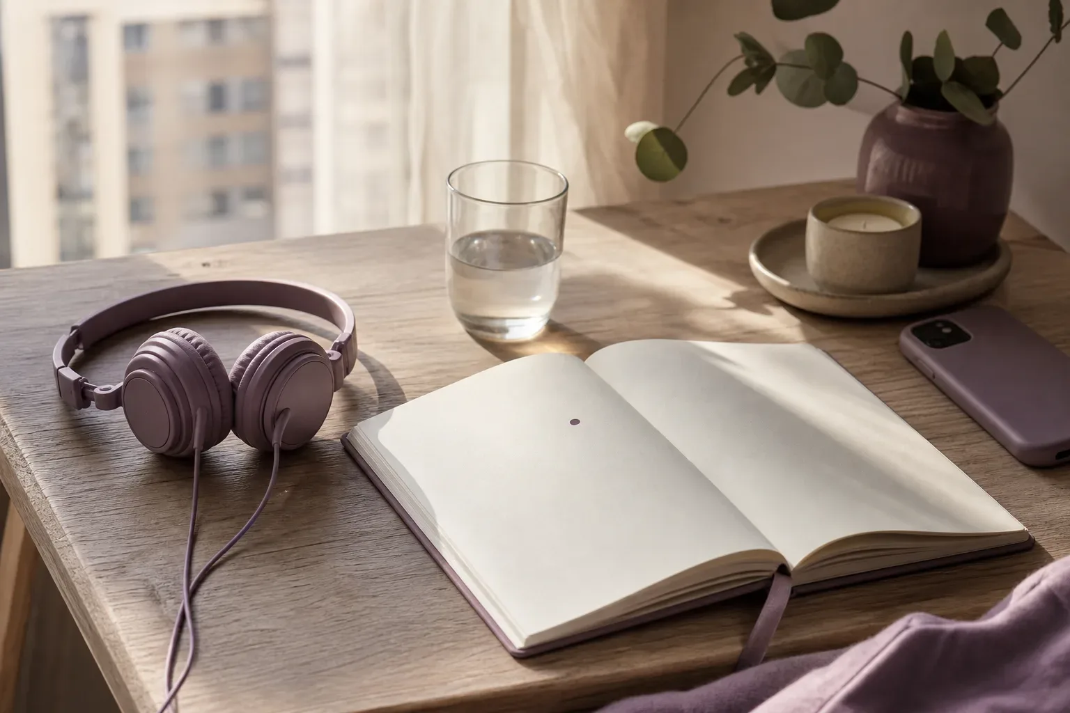 Open journal beside headphones in soft morning light