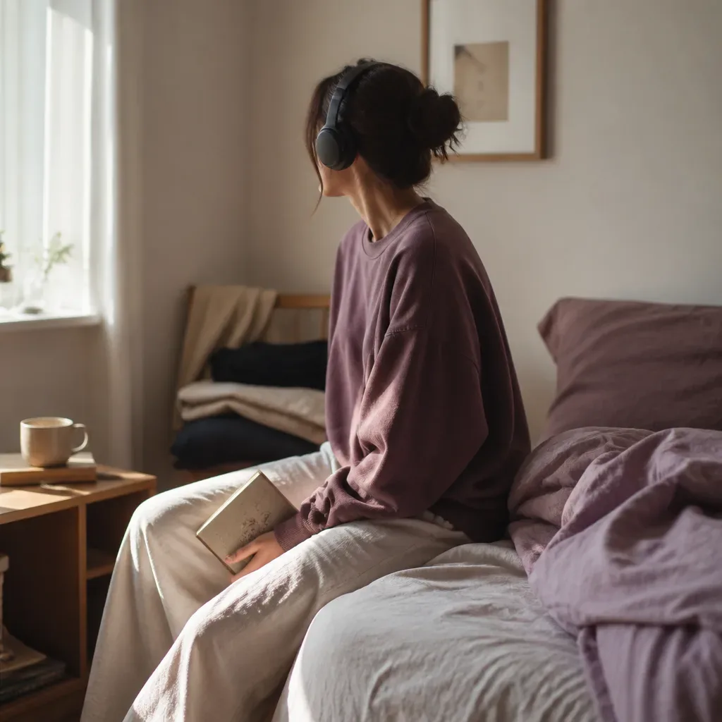 Person listening to audio on an unmade bed