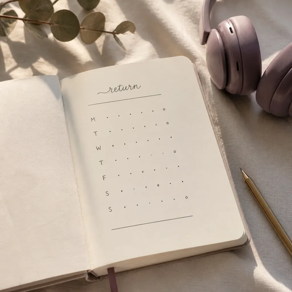 Handwritten return tracker beside headphones and pencil