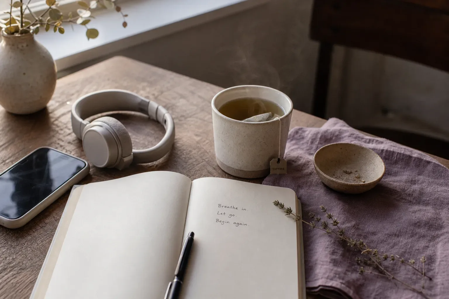 Headphones beside tea and an open notebook